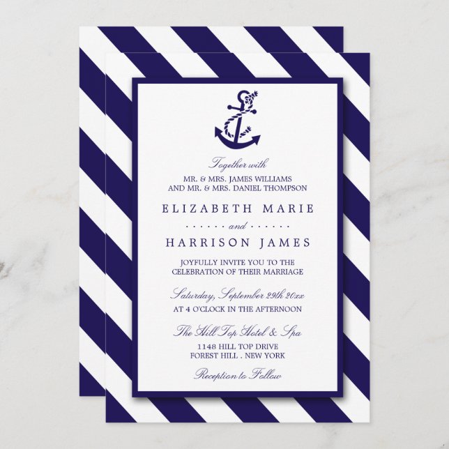 Nautical Stripes & Navy Blue Anchor Wedding Invitation (Front/Back)