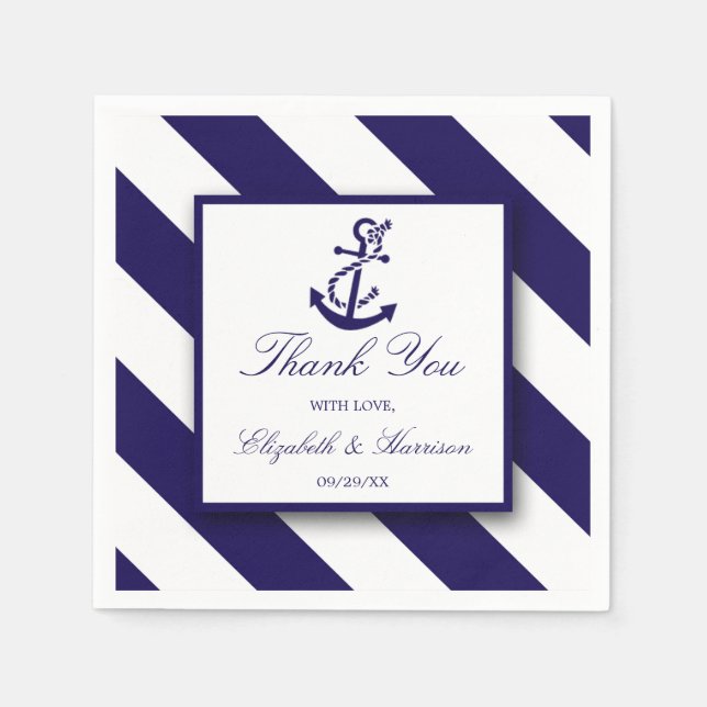 Nautical Stripes & Navy Blue Anchor Wedding Napkin (Front)