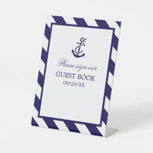 Nautical Stripes & Navy Blue Anchor Wedding Pedestal Sign