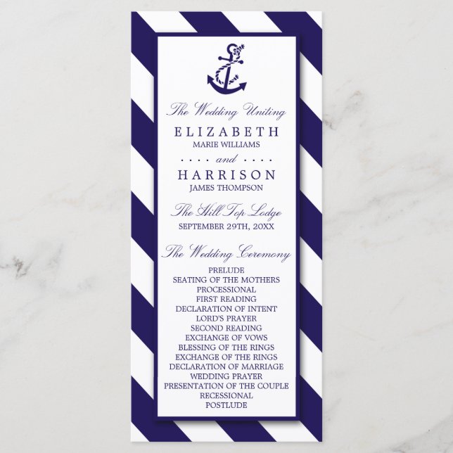 Nautical Stripes & Navy Blue Anchor Wedding Program (Front)