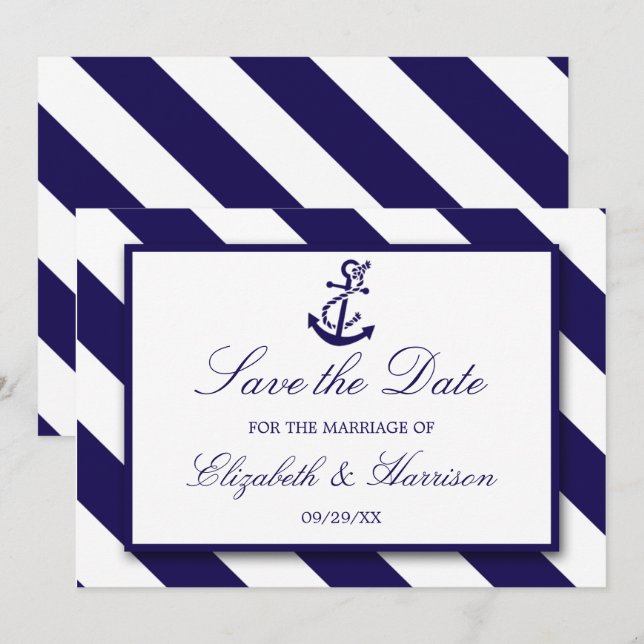 Nautical Stripes & Navy Blue Anchor Wedding Save The Date (Front/Back)