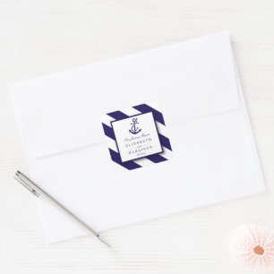 Nautical Stripes & Navy Blue Anchor Wedding Square Sticker