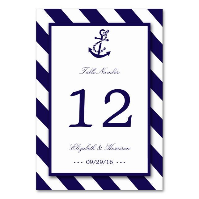 Nautical Stripes & Navy Blue Anchor Wedding Table Number (Front)