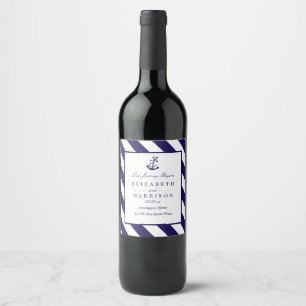 Nautical Stripes & Navy Blue Anchor Wedding Wine Label