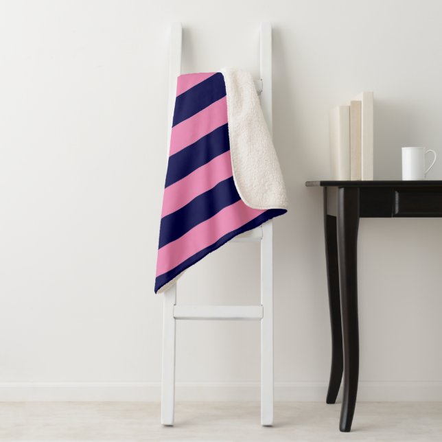 Nautical Stripes Navy Blue and Light Pink Sherpa Blanket (In Situ)
