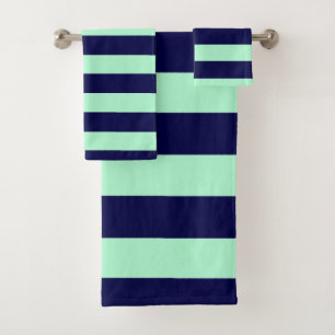 Nautical Stripes Navy Blue and Mint Green Bath Towel Set