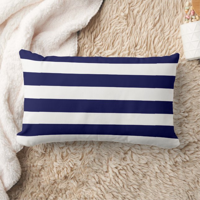 Nautical Stripes Navy Blue and White  Lumbar Cushion (Blanket)