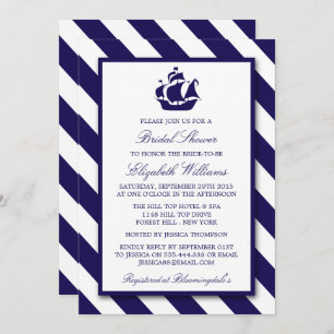 Nautical Stripes & Navy Blue Ship Bridal Shower Invitation