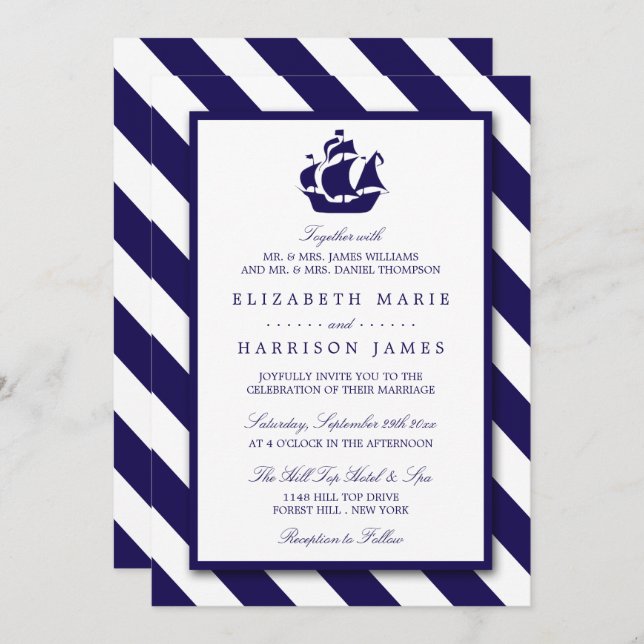 Nautical Stripes & Navy Blue Ship Wedding Invitation (Front/Back)