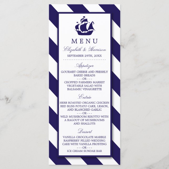 Nautical Stripes & Navy Blue Ship Wedding Menu (Front)
