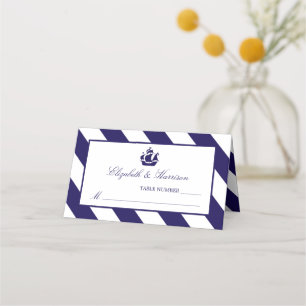 Nautical Stripes & Navy Blue Ship Wedding Place Card