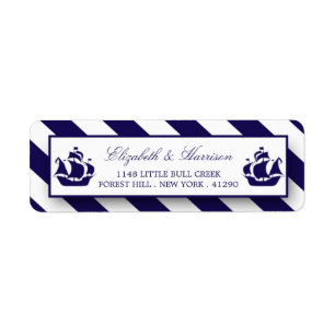 Nautical Stripes & Navy Blue Ship Wedding Return Address Label