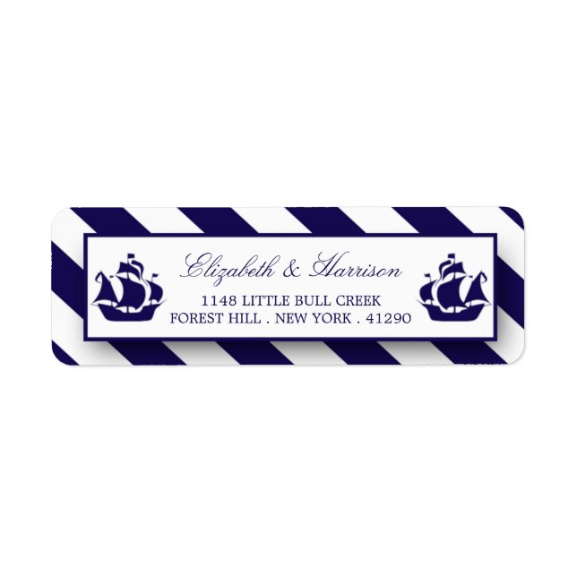 Nautical Stripes & Navy Blue Ship Wedding Return Address Label (Front)