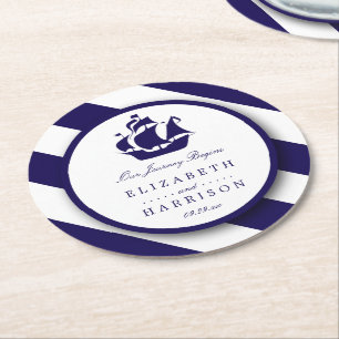 Nautical Stripes & Navy Blue Ship Wedding Round Paper Coaster