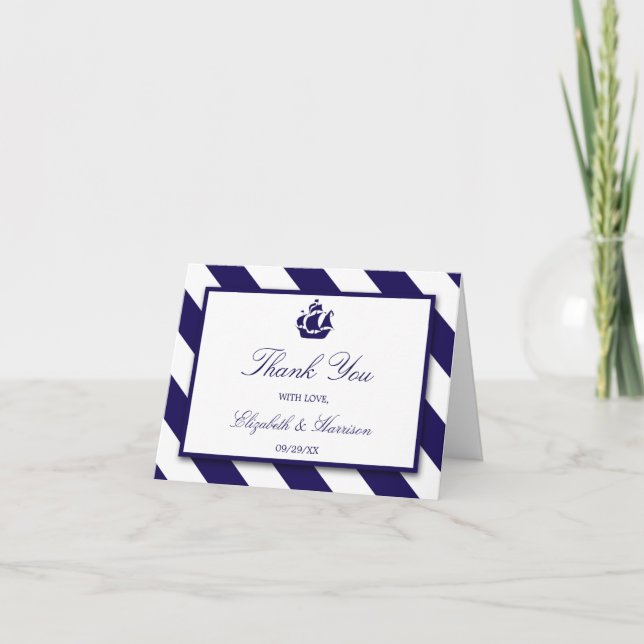 Nautical Stripes & Navy Blue Ship Wedding Thank You Card (Front)