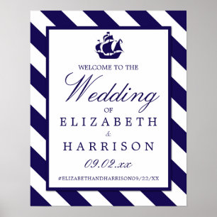 Nautical Stripes & Navy Blue Ship Wedding Welcome Poster