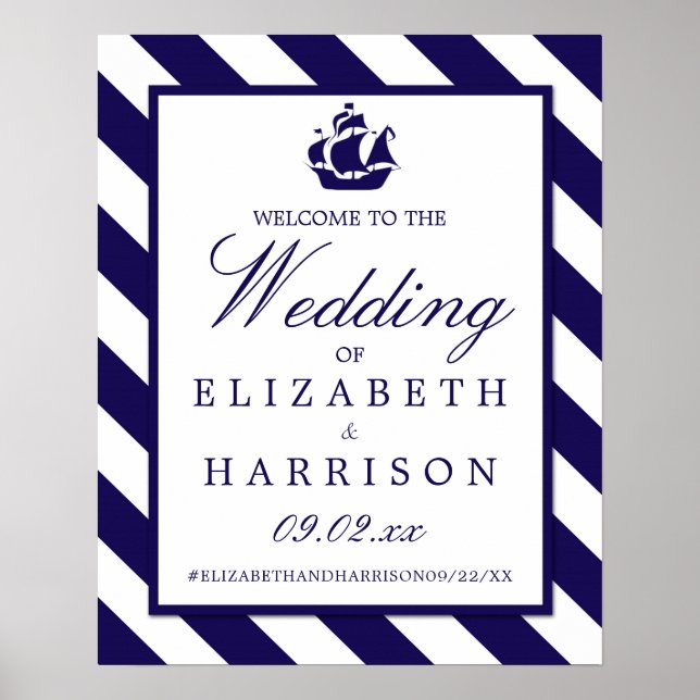 Nautical Stripes & Navy Blue Ship Wedding Welcome Poster (Front)