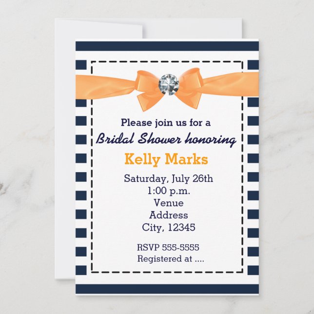 Nautical stripes navy orange bow bridal shower invitation (Front)