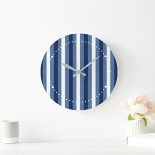 Nautical Stripes Navy Smokey Blue Crisp White  Large Clock