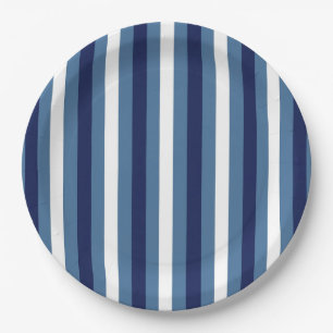 Nautical Stripes Navy Smokey Blue Crisp White Paper Plate
