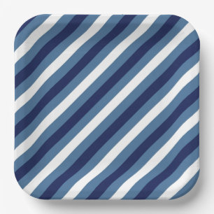 Nautical Stripes Navy Smokey Blue Crisp White Paper Plate