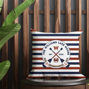 Nautical Stripes Oars Crab Monogram Lake House Cushion