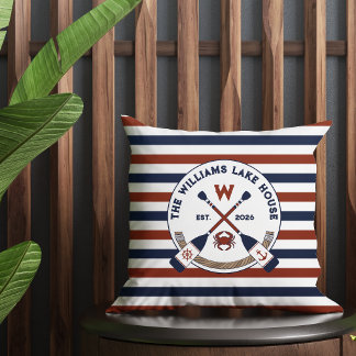 Nautical Stripes Oars Crab Monogram Lake House Cushion