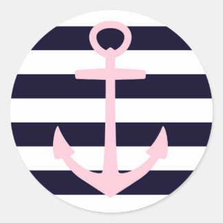 Nautical stripes & pink anchor classic round sticker
