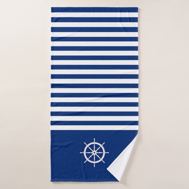 Nautical Stripes+Ships Wheel Blue+White Bath Towel Set (Bath Towel)