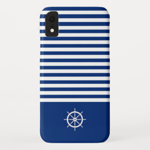 Nautical Stripes+Ships Wheel Blue+White iPhone XR Case