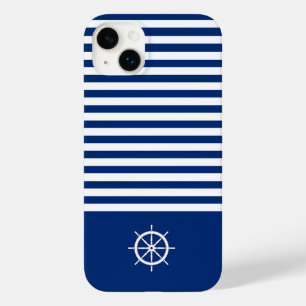 Nautical Stripes+Ships Wheel Blue+White Case-Mate iPhone 14 Plus Case