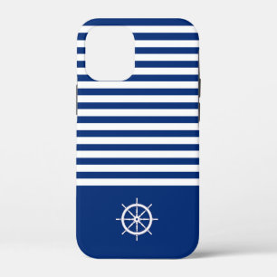 Nautical Stripes+Ships Wheel Blue+White iPhone 12 Mini Case