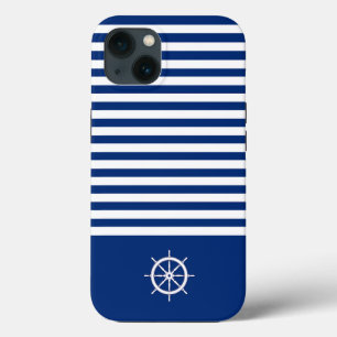 Nautical Stripes+Ships Wheel Blue+White iPhone 13 Case