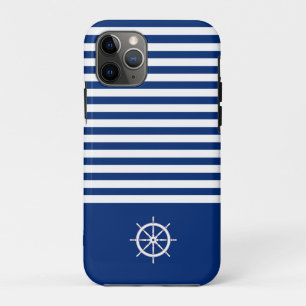 Nautical Stripes+Ships Wheel Blue+White iPhone 11 Pro Case