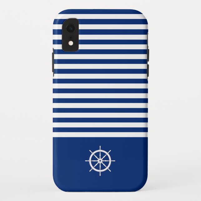 Nautical Stripes+Ships Wheel Blue+White Case-Mate iPhone Case (Back)
