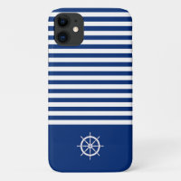 Nautical Stripes+Ships Wheel Blue+White