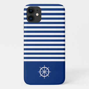 Nautical Stripes+Ships Wheel Blue+White iPhone 11 Case