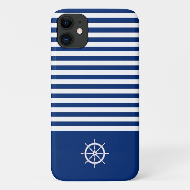 Nautical Stripes+Ships Wheel Blue+White Case-Mate iPhone Case (Back)