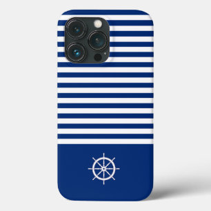 Nautical Stripes+Ships Wheel Blue+White iPhone 13 Pro Case