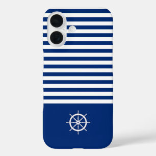 Nautical Stripes+Ships Wheel Blue+White iPhone 16 Case