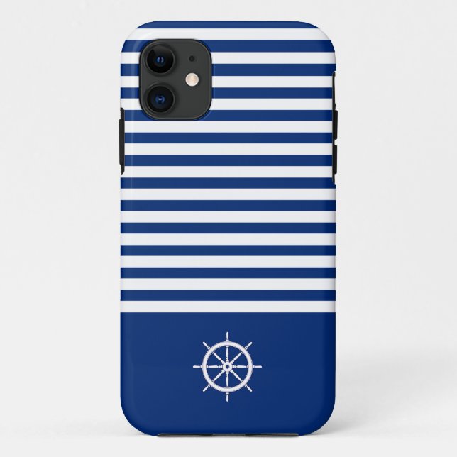 Nautical Stripes+Ships Wheel Blue+White Case-Mate iPhone Case (Back)