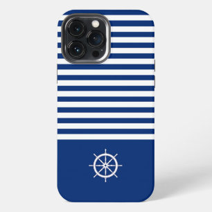 Nautical Stripes+Ships Wheel Blue+White iPhone 13 Pro Max Case