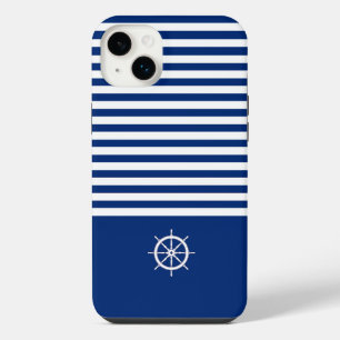 Nautical Stripes+Ships Wheel Blue+White iPhone 14 Plus Case