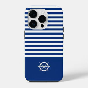 Nautical Stripes+Ships Wheel Blue+White iPhone 14 Pro Case