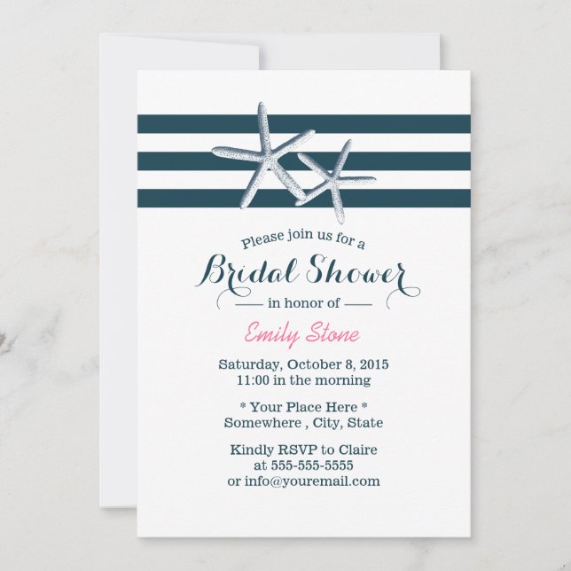 Nautical Stripes Starfish Elegant Bridal Shower Invitation (Front)