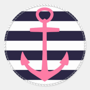 Nautical stripes with fuchsia anchor classic round sticker