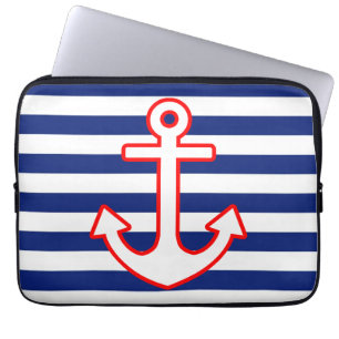 Nautical Style Anchor Icon on Stripes Laptop Sleeve
