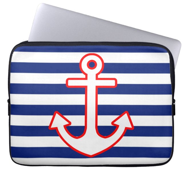 Nautical Style Anchor Icon on Stripes Laptop Sleeve (Front)