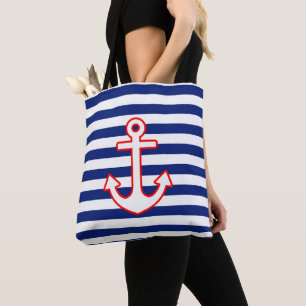 Nautical Style Anchor Icon on Stripes Tote Bag