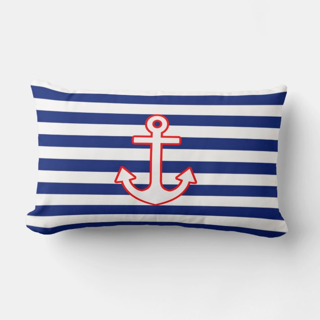 Nautical Style Anchor on Stripes Lumbar Cushion (Front)